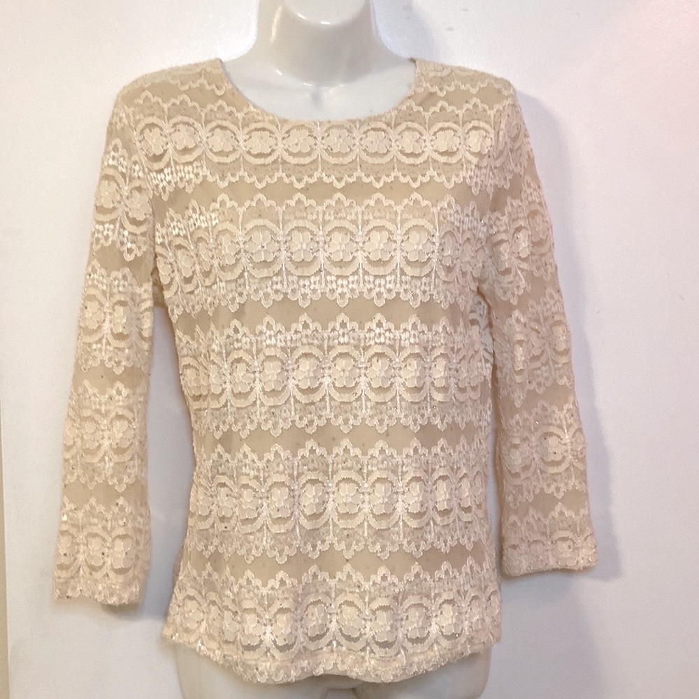 Ivory Lace Scoop Neck Top with Sporadic Glitter